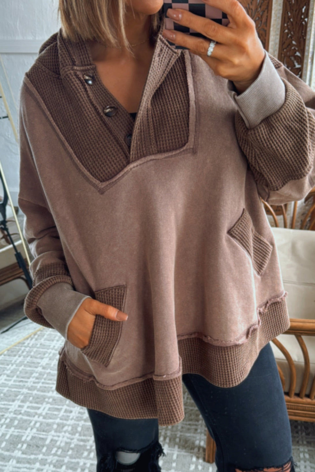 Goat Waffle Contrast Patchwork Plus Size Pocketed Hoodie