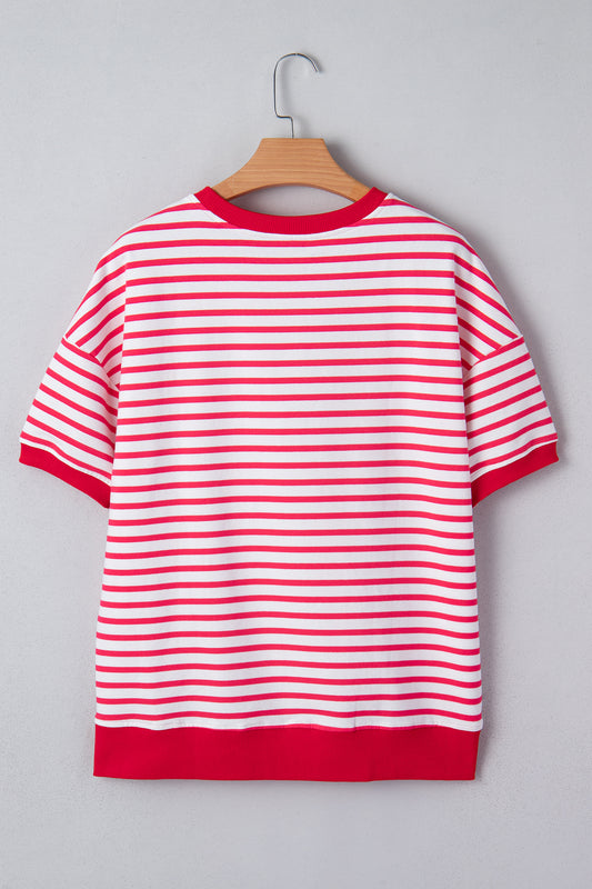 Red Stripe Drop Shoulder Half Sleeve T Shirt
