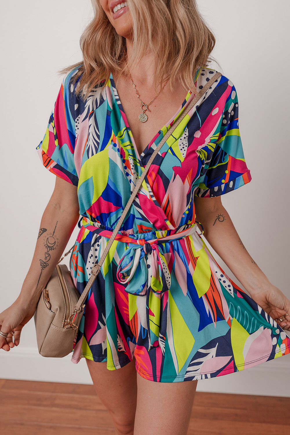 Multicolour Tropical Printed Surplice Neck Tie Waist Romper