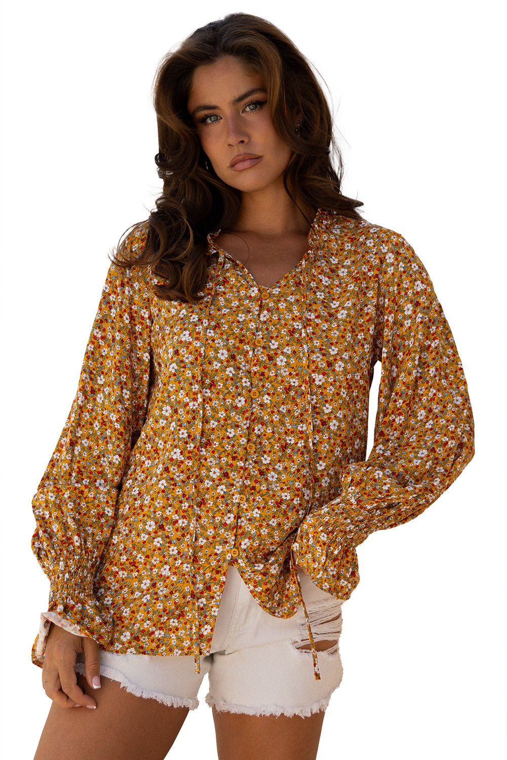 Orange Boho Floral Ruffled Bubble Sleeve V Neck Fall Blouse