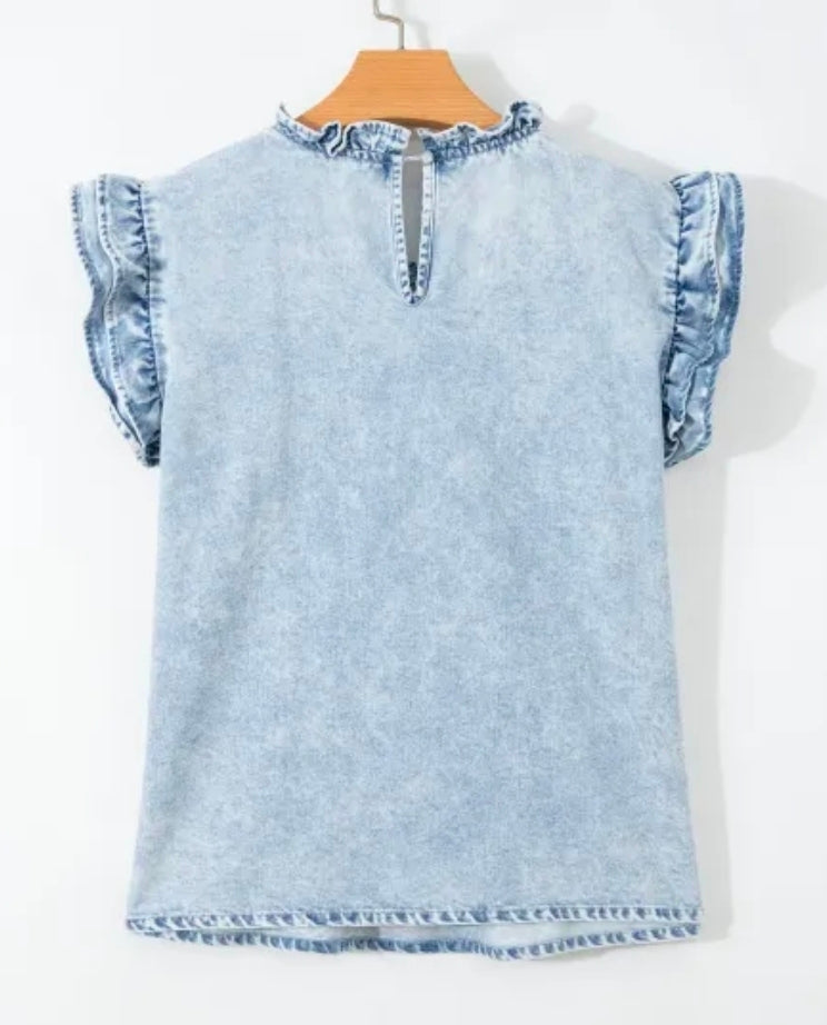 Beau Blue Ruffle Pleated Detail Vintage Washed Denim Top