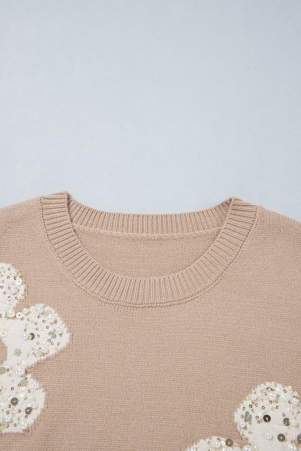 Smoke Gray Beaded Floral Patchwork Ribbed Trim Round Neck Sweater