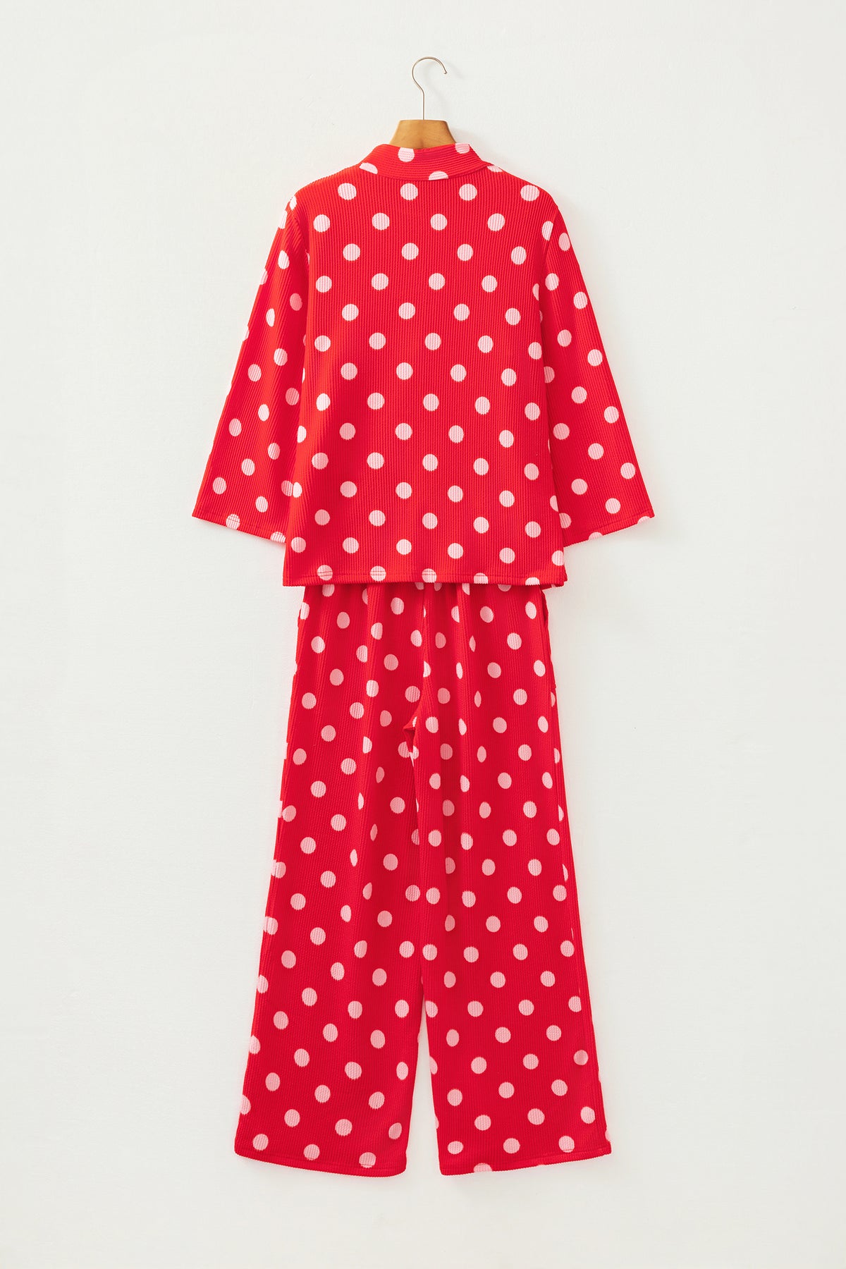 Red Polka Dot Ribbed Knit Mock Neck Pullover Two Piece Pants Set