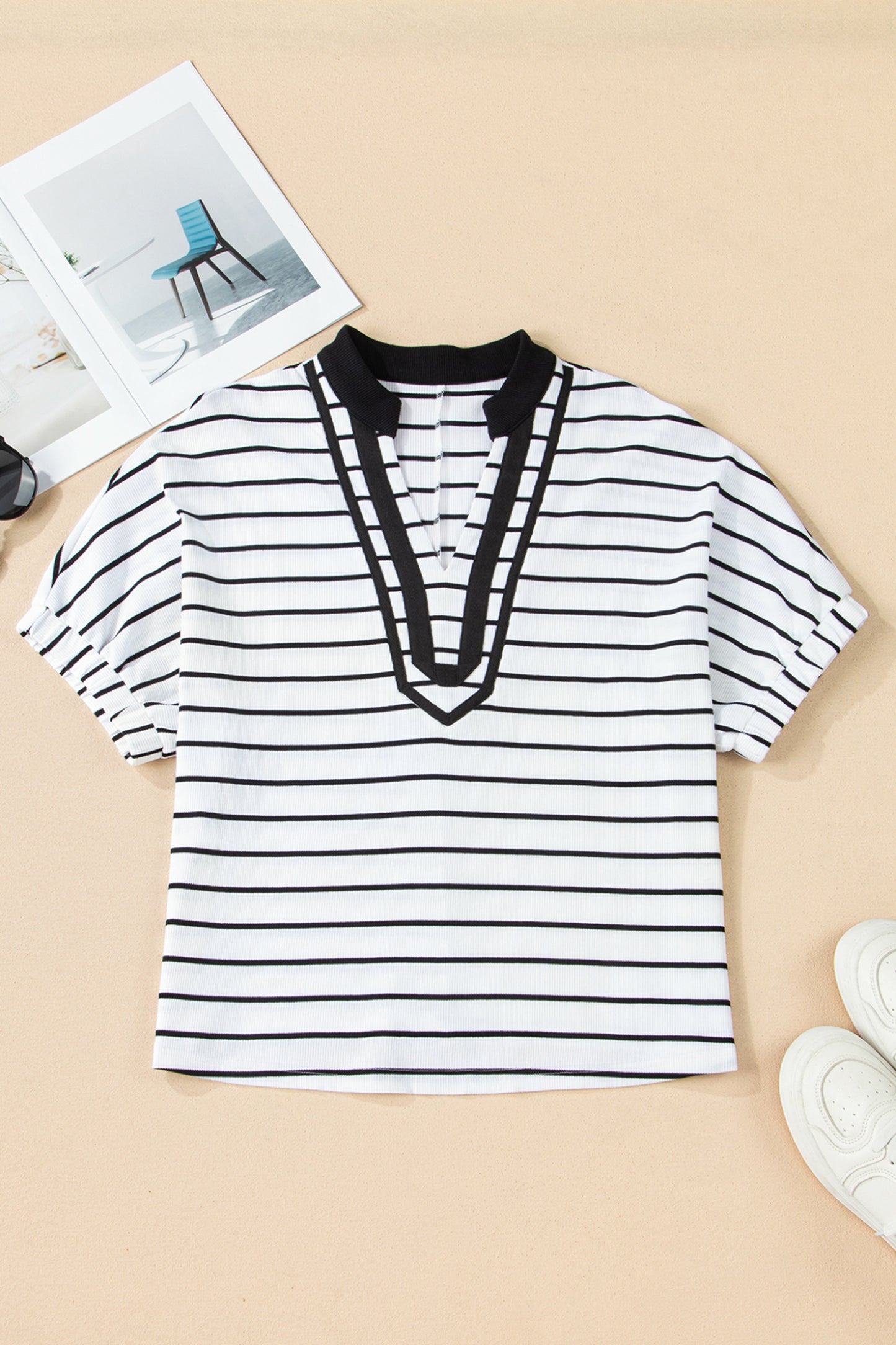 White Stripe Stand Collar V Neck Elastic Cuffs Half Sleeve Dolman Top