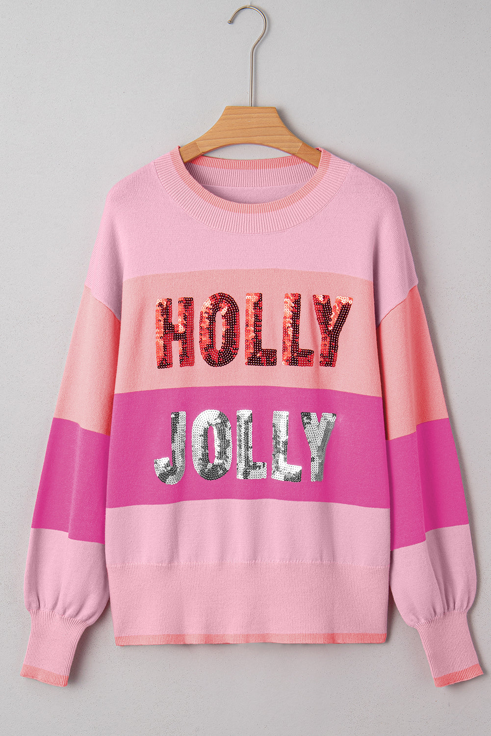 Pink Sequined HOLLY JOLLY Color Block Crew Neck Sweater