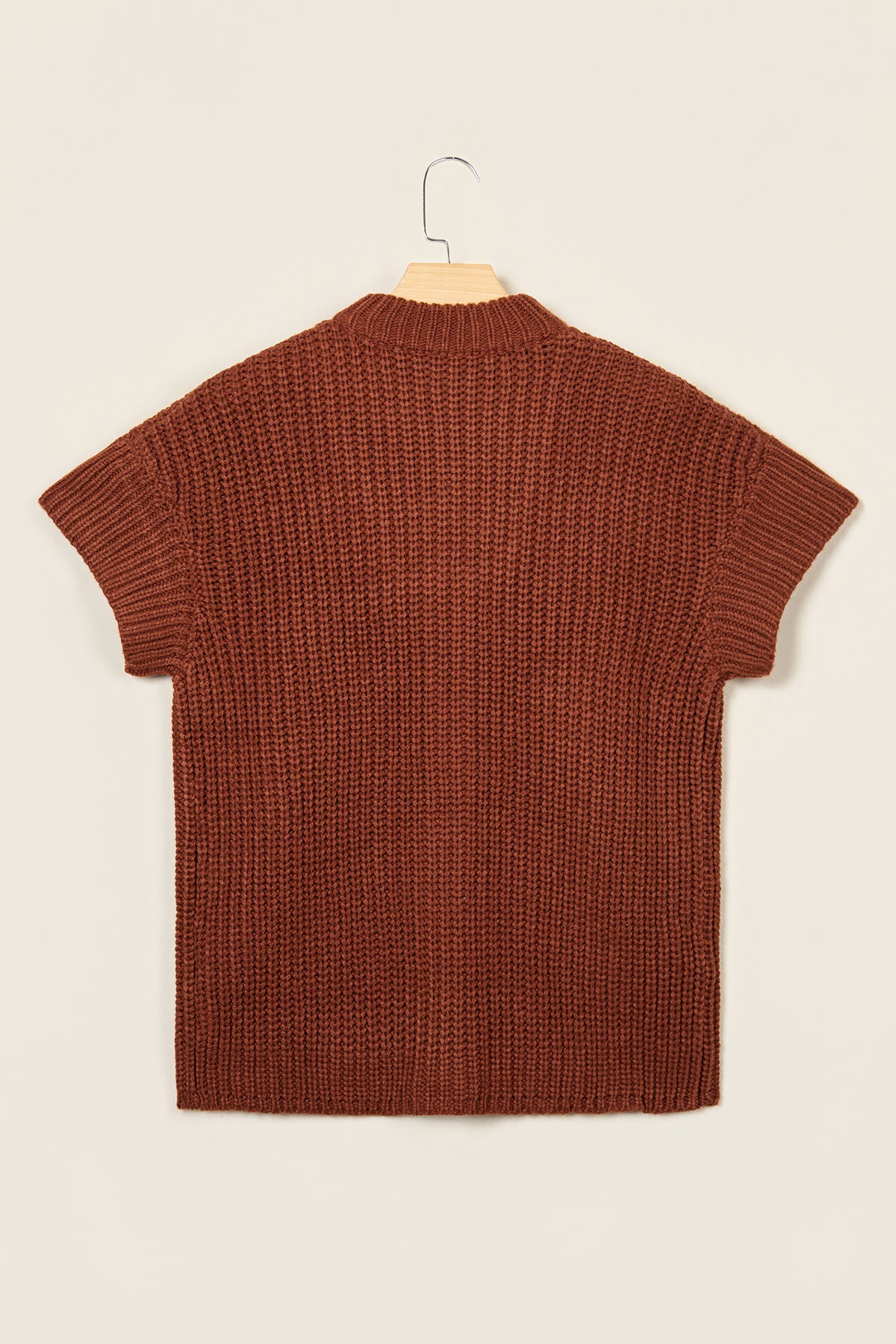 Cinnamon Solid Color Short Sleeve Zipper Knit High Neck Sweater