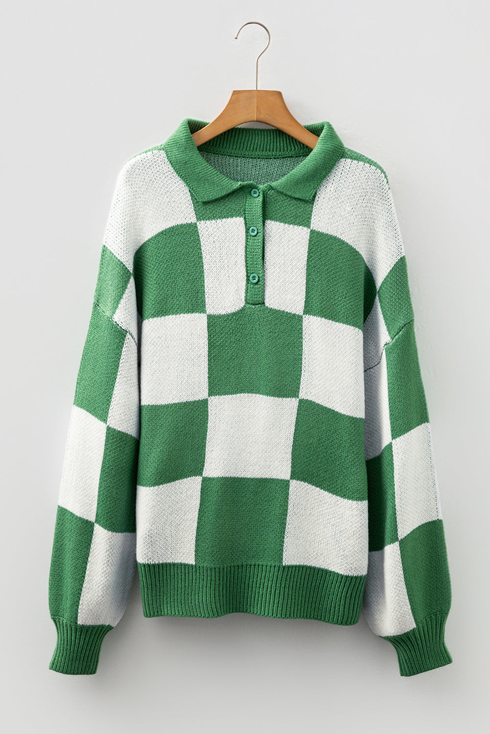 Mist Green Checkered Pattern Polo Collar Loose Sweater