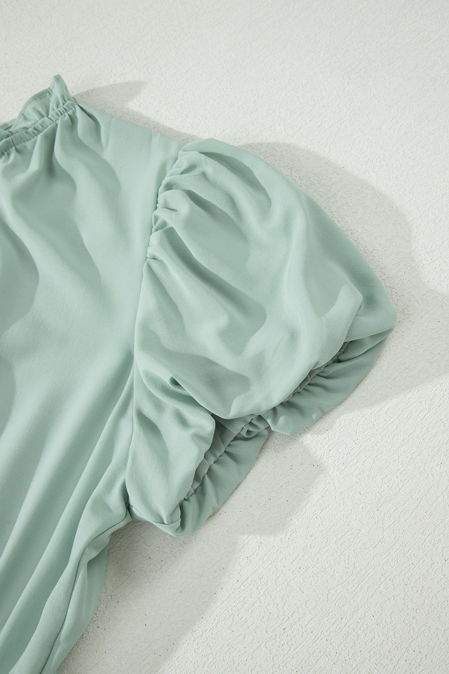 Clearly Aqua Solid Color V Neck Short Puff Sleeve High Waist Tiered Maxi Dress