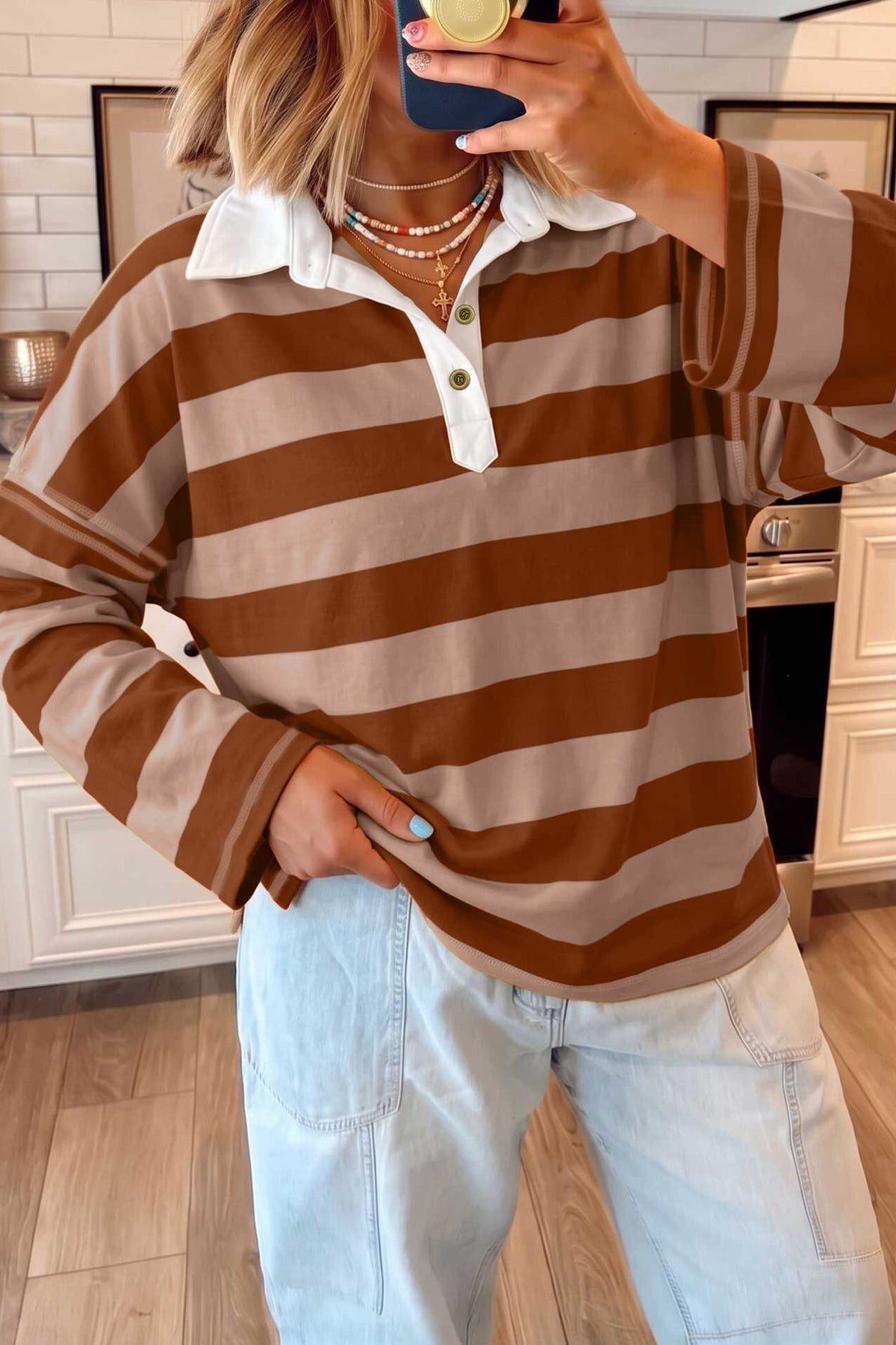 Blue Stripe Contrast Polo Collar Bracelet Sleeve Loose Top
