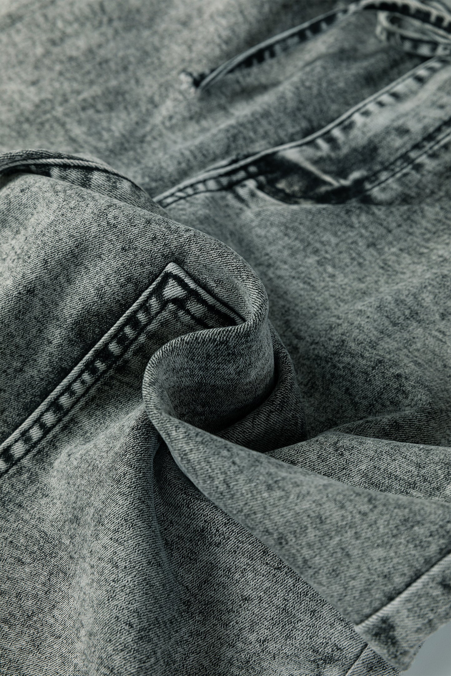 Gray Acid Wash Barrel Fit Denim Pants with Waist String