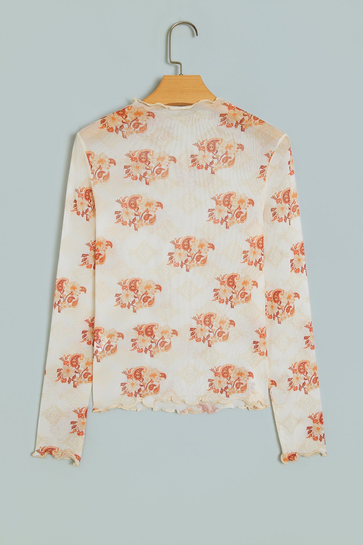 Apricot Floral Print Slim Fit Mesh Long Sleeve Mock Neck Top