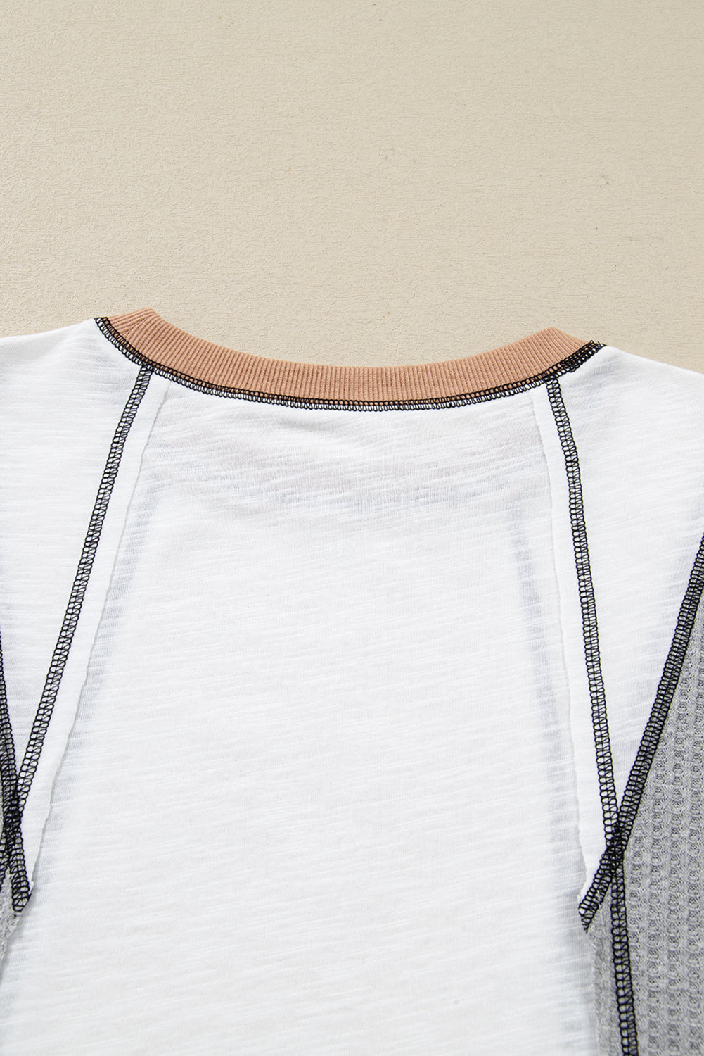 White Contrast Block Mixed Textured Knit Patchwork Casual Top