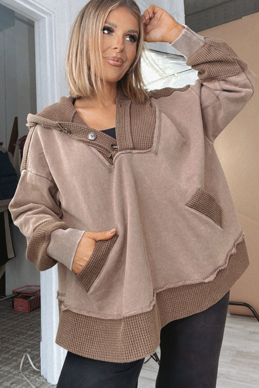 Goat Waffle Contrast Patchwork Plus Size Pocketed Hoodie