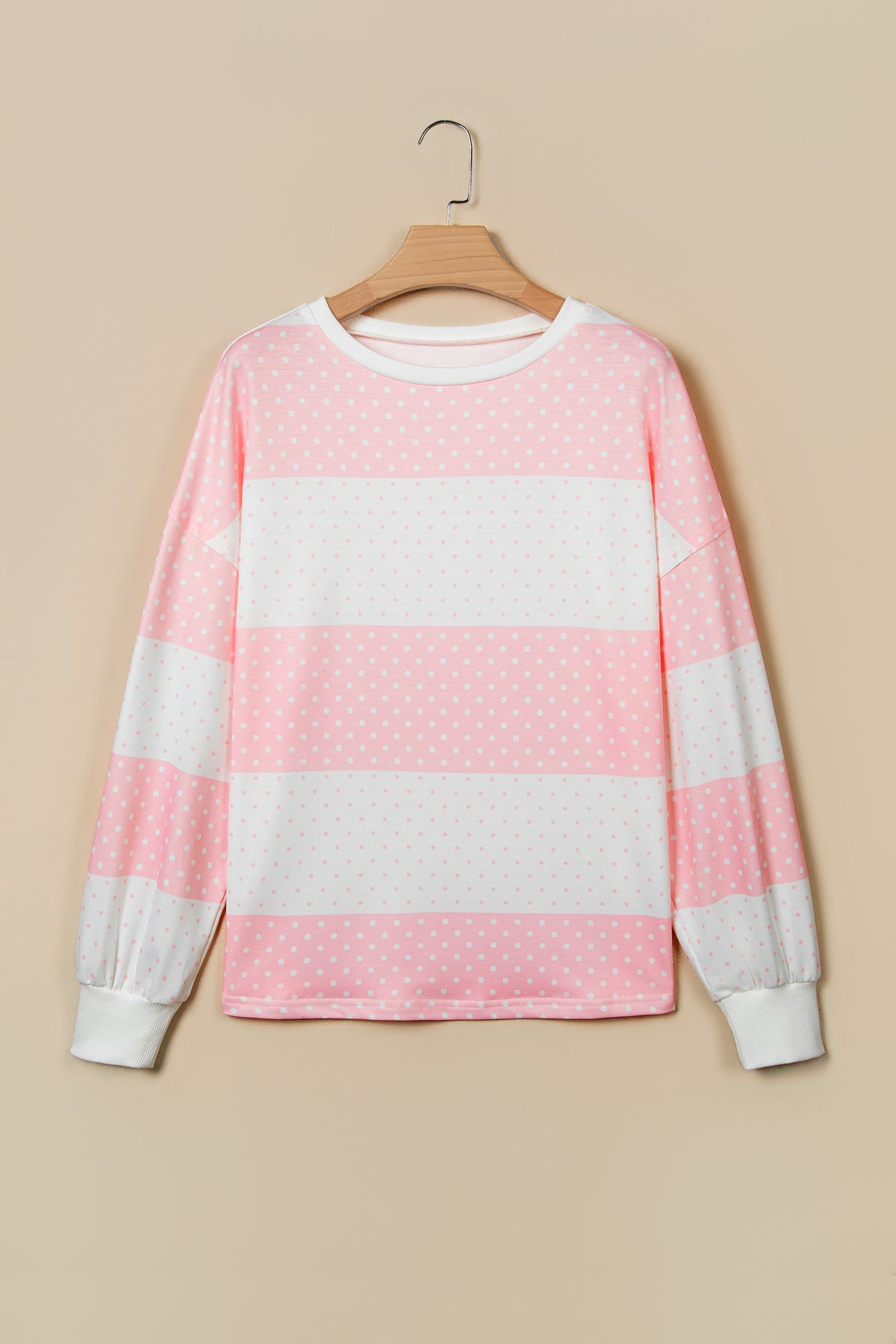 Blue Polka Dot Patchwork Colorblock Long Sleeve Top