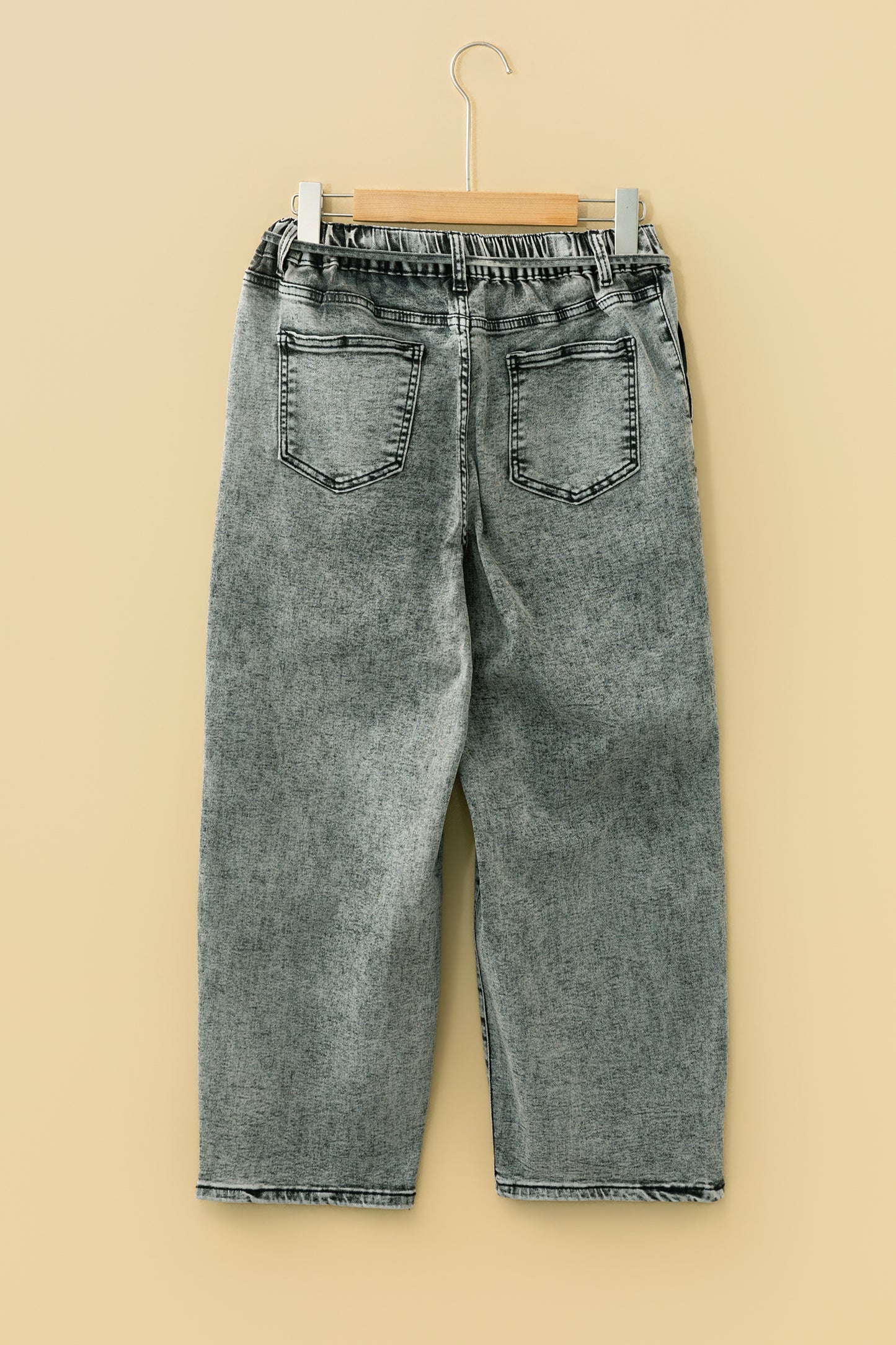 Gray Acid Wash Barrel Fit Denim Pants with Waist String