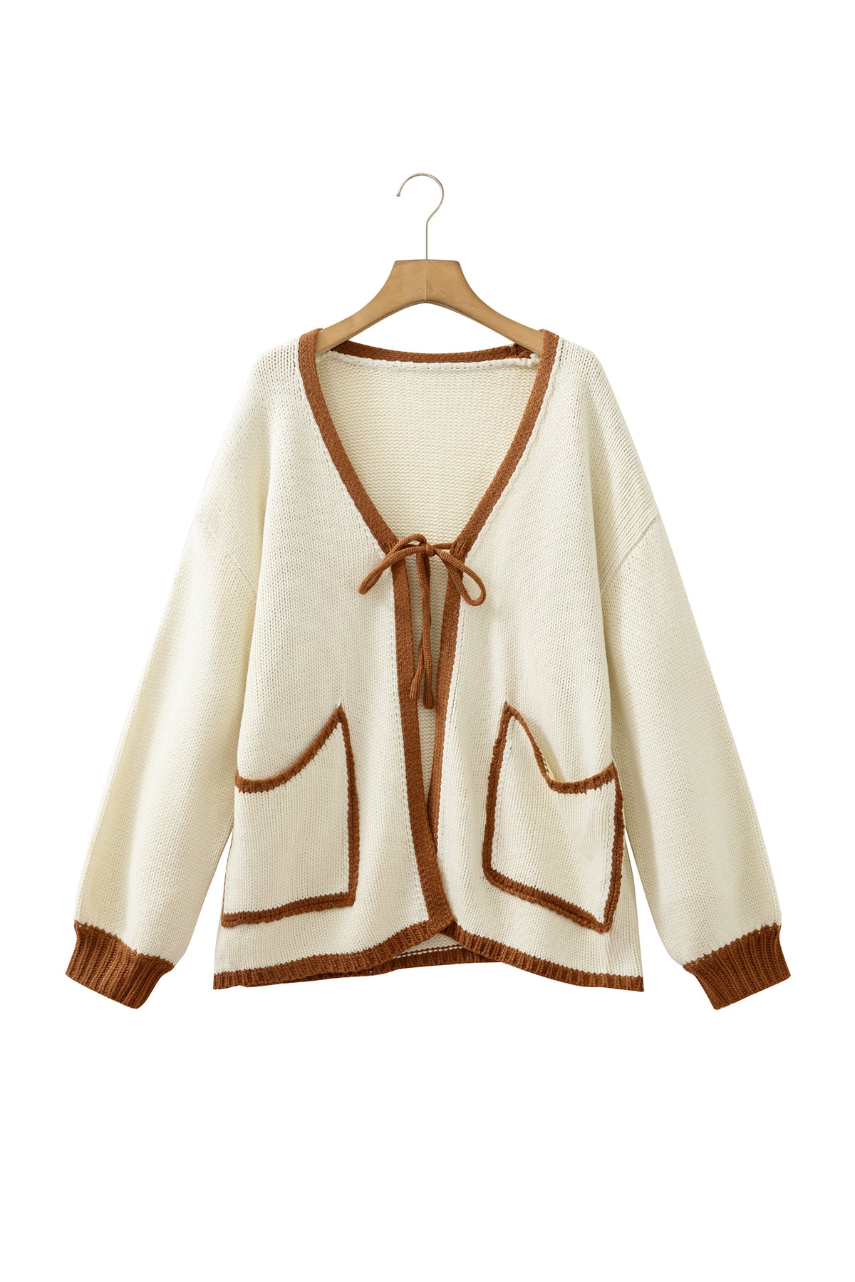 Chestnut Contrast Trim V-Neck Tie Front Loose Sweater Cardigan