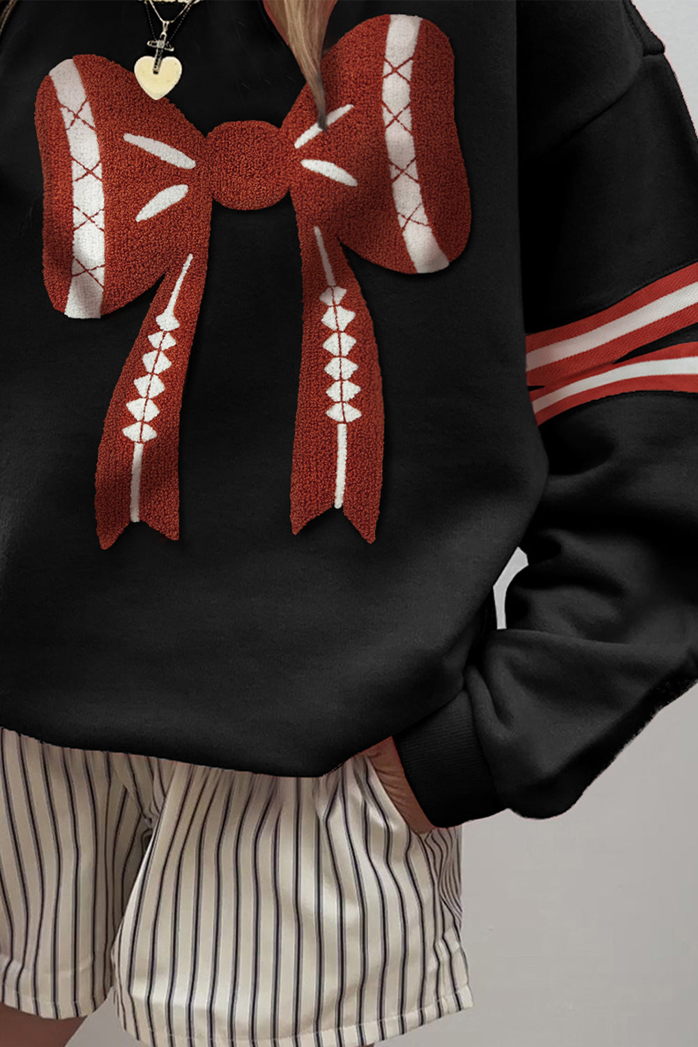 Black Varsity Baseball Bow Graphic Striped Sleeve Baggy Sweatshirt
