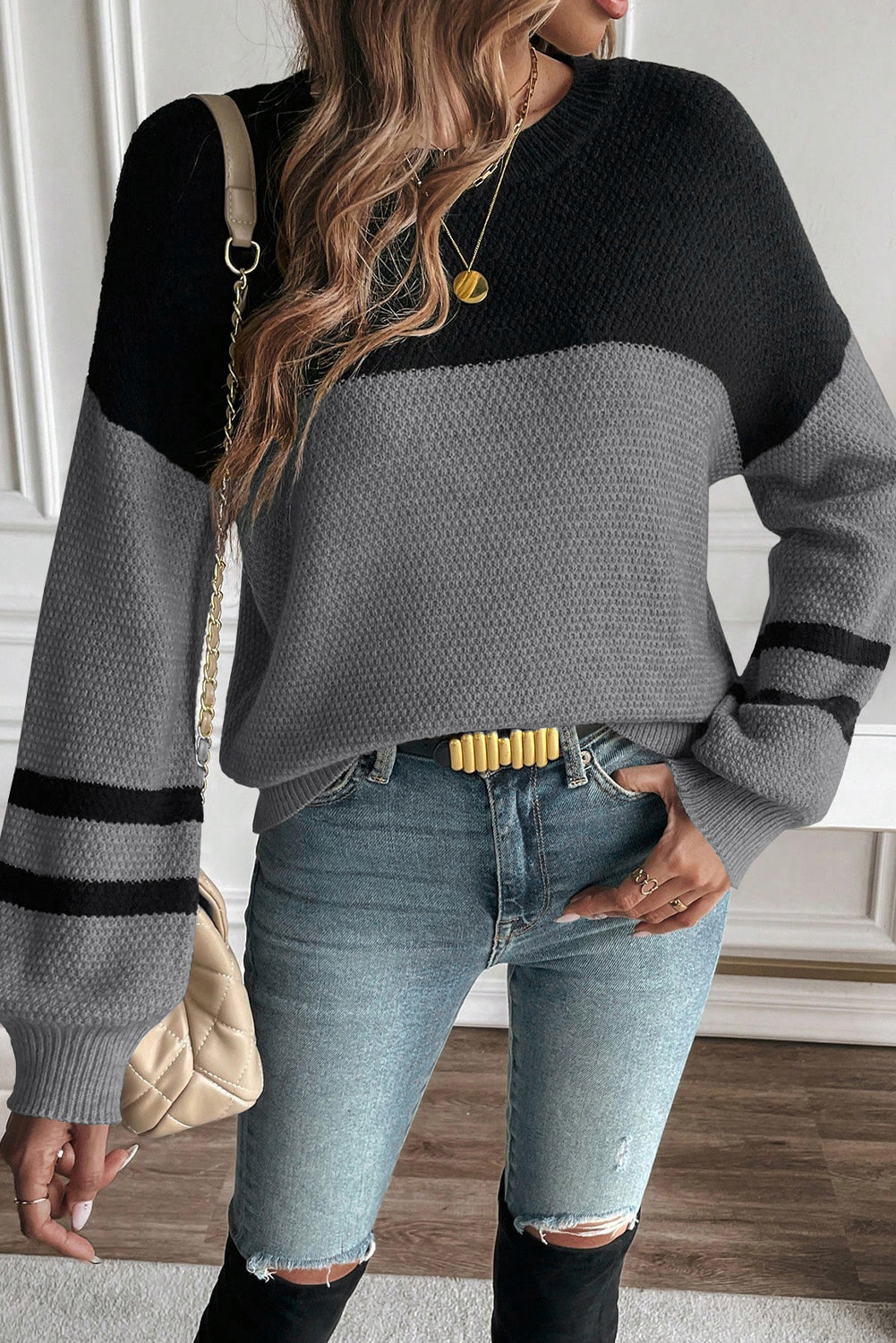 Medium Grey Color Block Knit Striped Sleeve Detail Casual Sweater