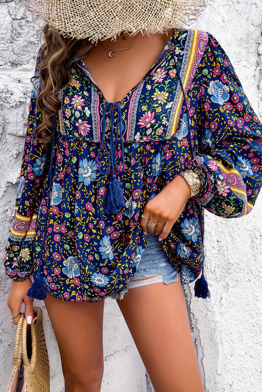 Blue Bohemian Floral Print Tassel Tie Front Long Sleeve Blouse