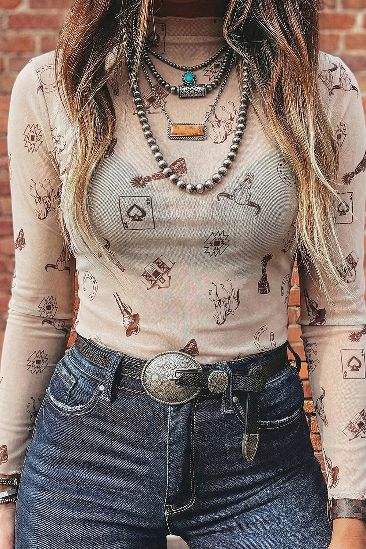 Apricot Floral Print Slim Fit Mesh Long Sleeve Mock Neck Top