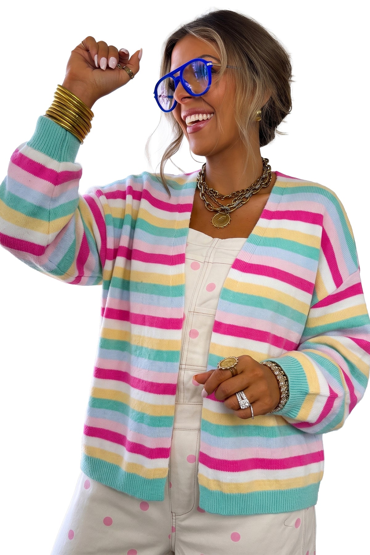 Multicolour Striped Knit Drop Shoulder Open Front Sweater Cardigan