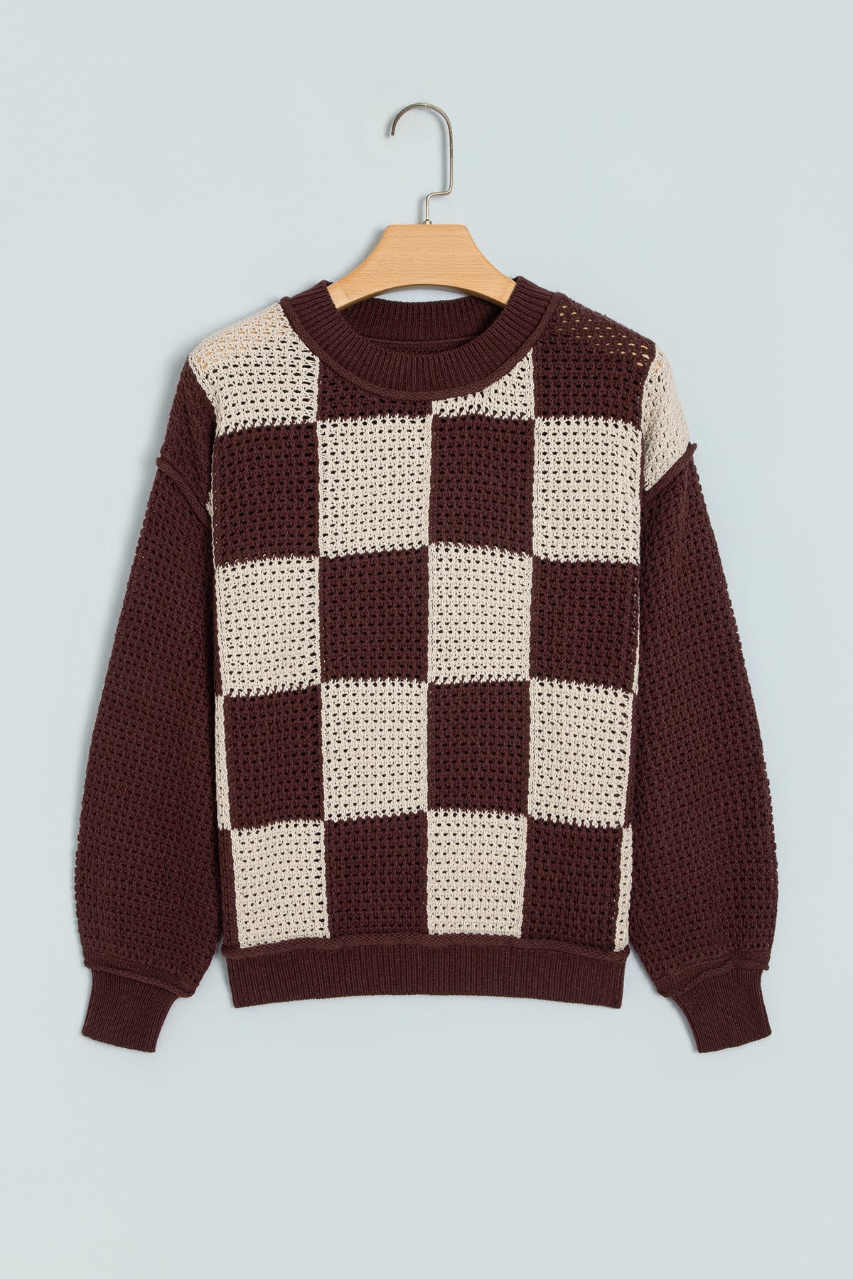Brown Checkered Pattern Knit Loose Pullover Sweater