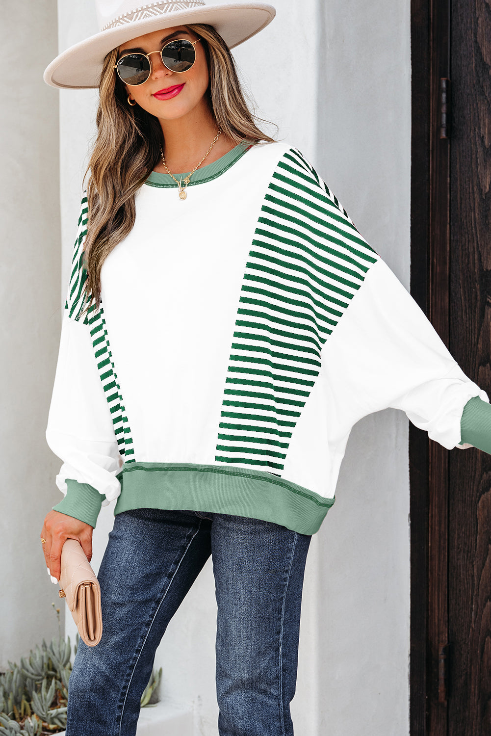 Green Stripe Colorblock Patchwork Contrast Stitching Oversize Sweatshirt