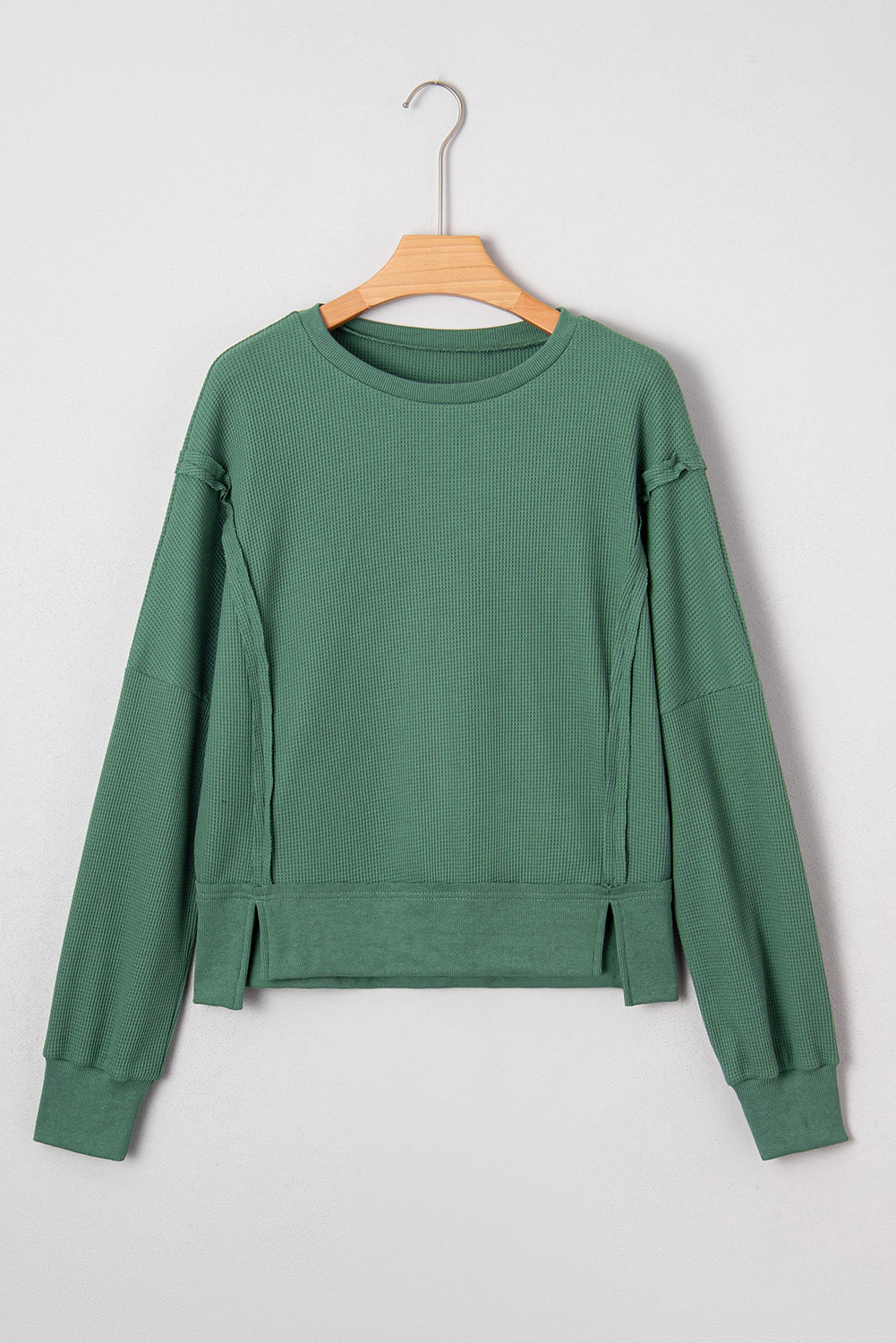 Evergreen Solid Color Raw Seam Patchwork Ribbed Drop Shoulder Sweatshirt