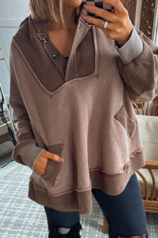 Goat Waffle Contrast Patchwork Plus Size Pocketed Hoodie