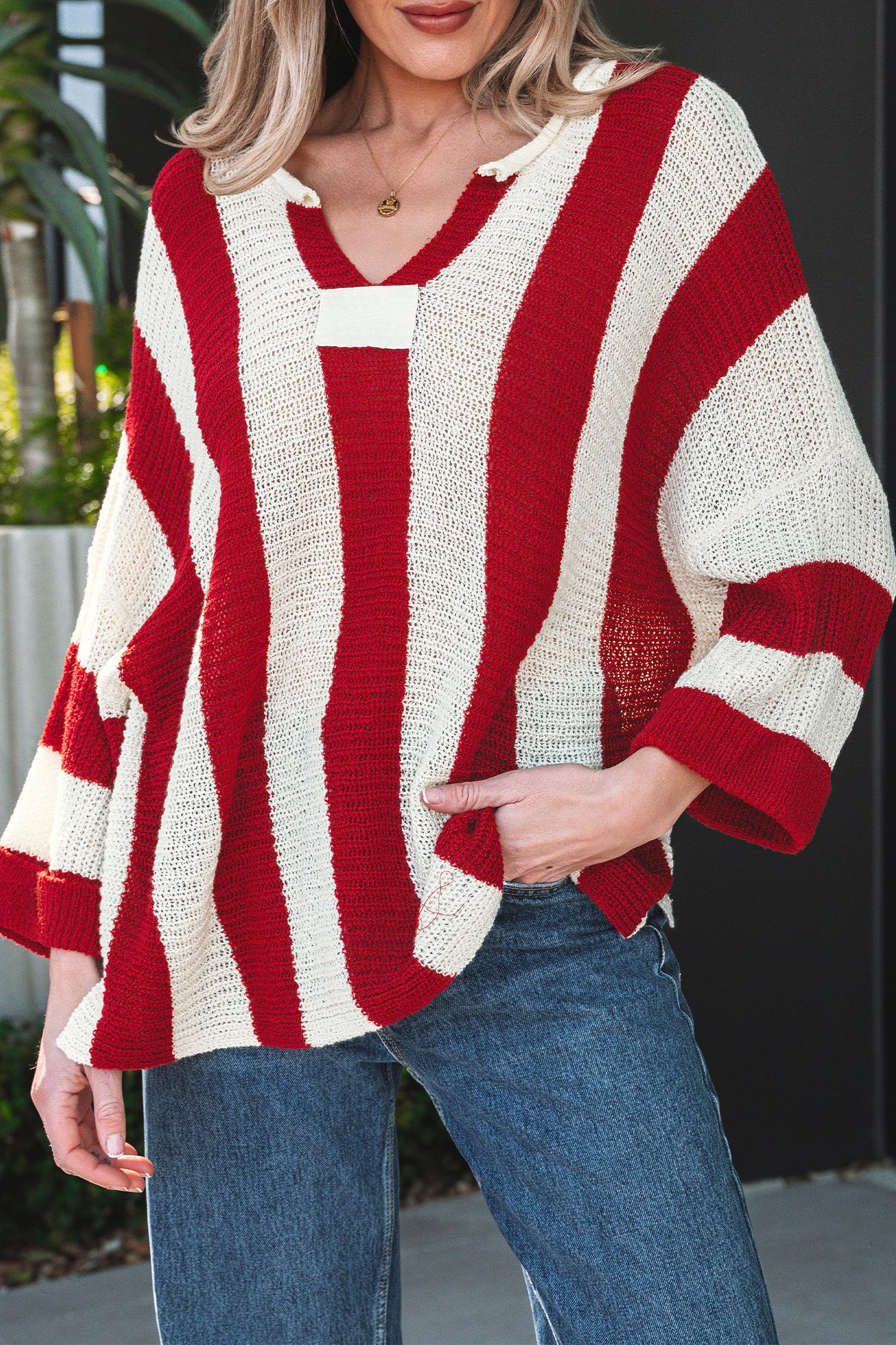 Red Stripe Colorblock V Neck Bracelet Sleeve Sweater