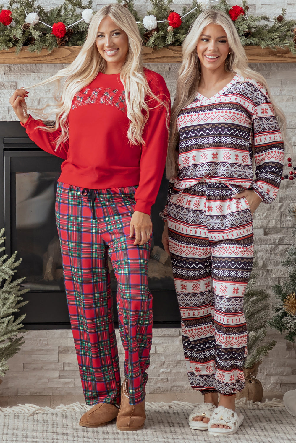 Black Retro Christmas Pattern Loose Pullover 2pcs Lounge Pant Set
