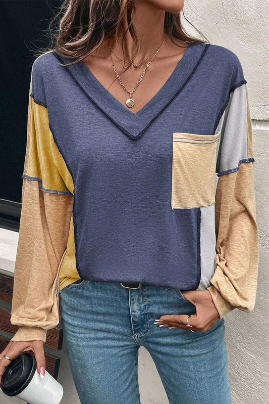 Sail Blue Exposed Stitching Colorblock V Neck Long Sleeve Top