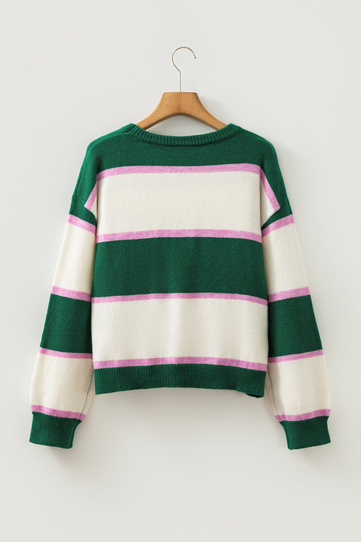 Blackish Green Striped Color Block Knit Dropped Shoulder Loose Pullover Sweater