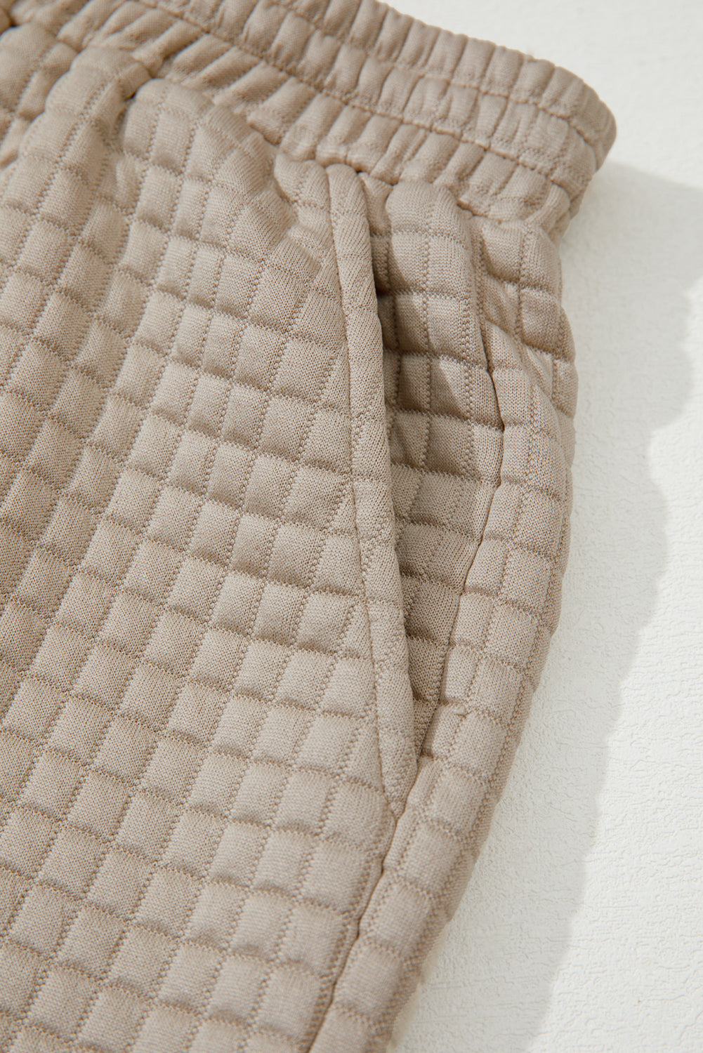 Khaki Color Block Patchwork Textured Long Sleeve Top 2pcs Short Set