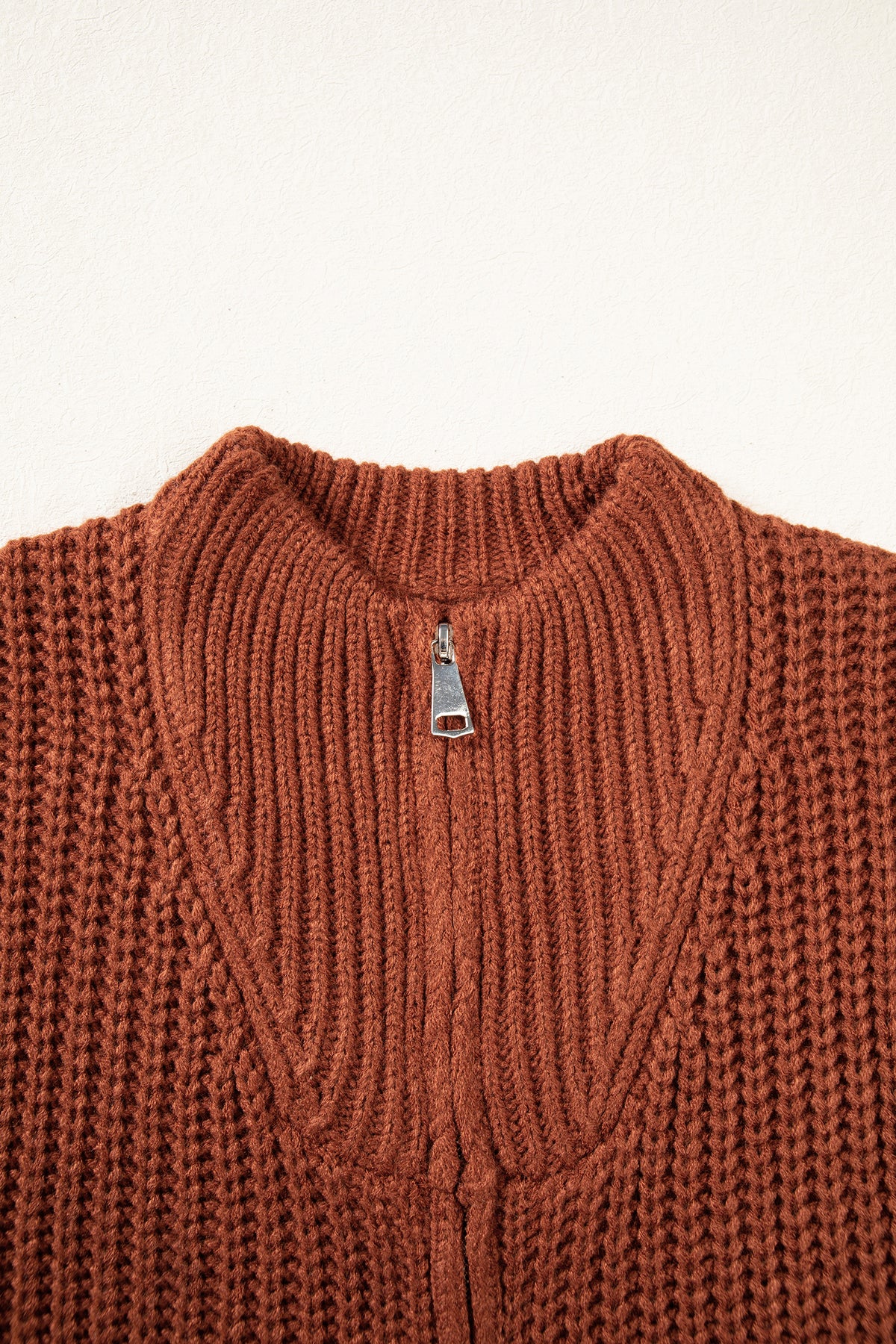 Cinnamon Solid Color Short Sleeve Zipper Knit High Neck Sweater