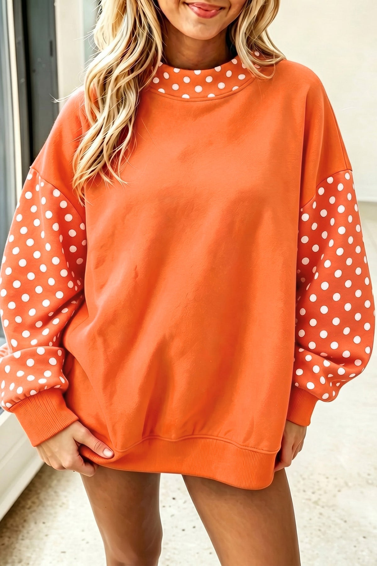 Navy Blue Polka Dot Contrast Round Neck Long Sleeve Baggy Sweatshirt