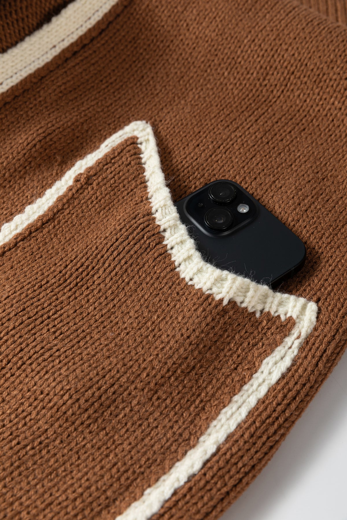 Chestnut Contrast Trim V-Neck Tie Front Loose Sweater Cardigan