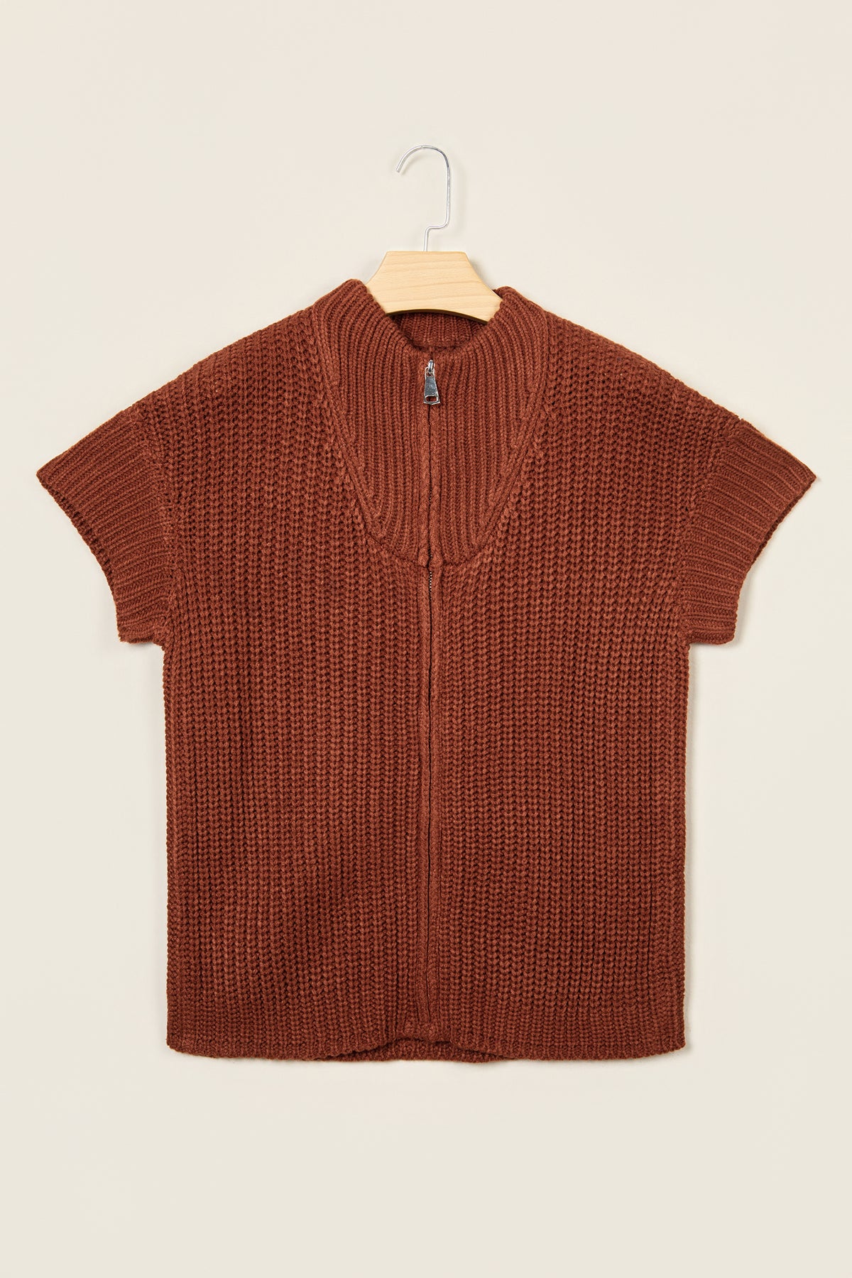 Cinnamon Solid Color Short Sleeve Zipper Knit High Neck Sweater