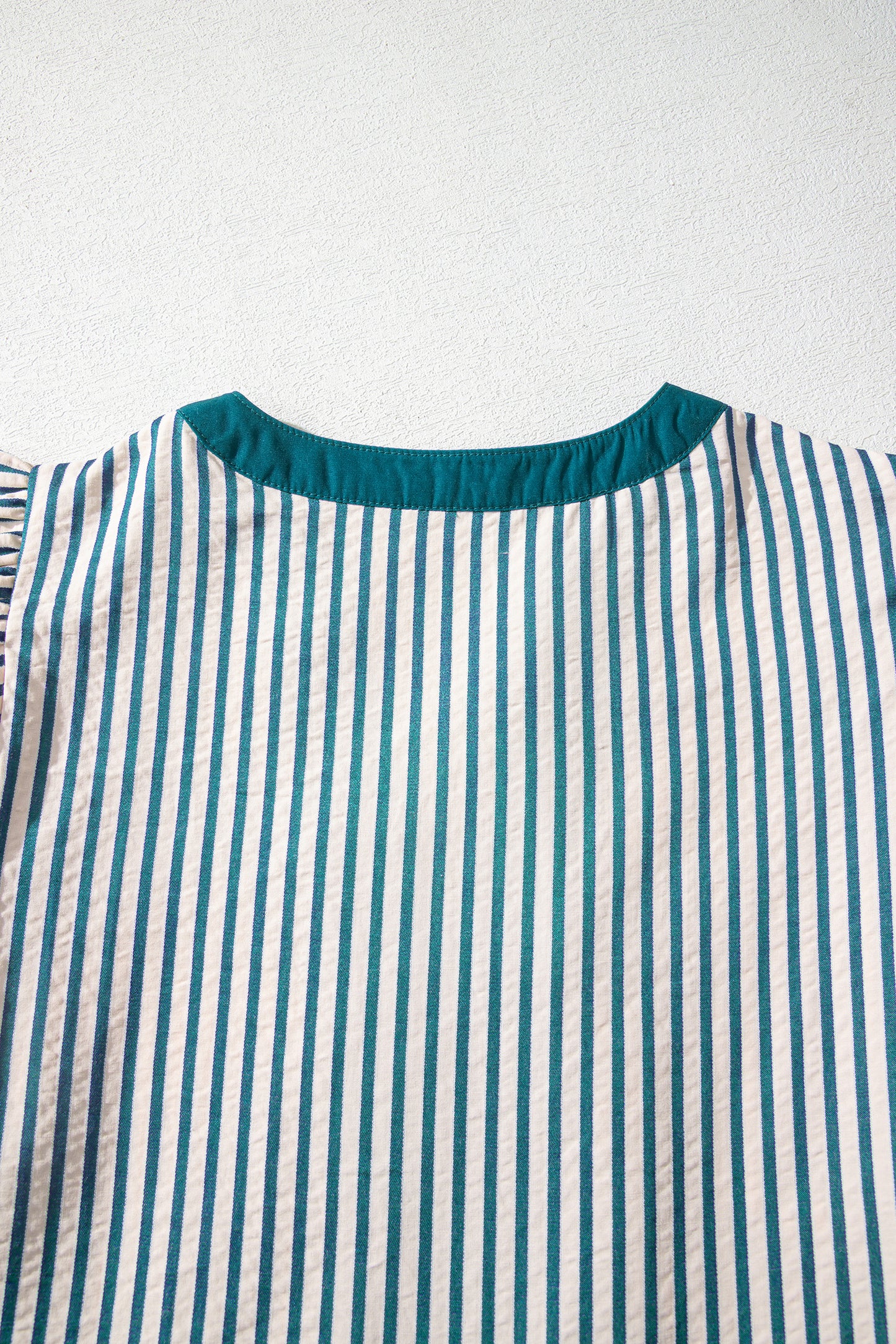 Green Stripe Double Ruffled Short Sleeve Contrast Trim V Neck Midi Dress