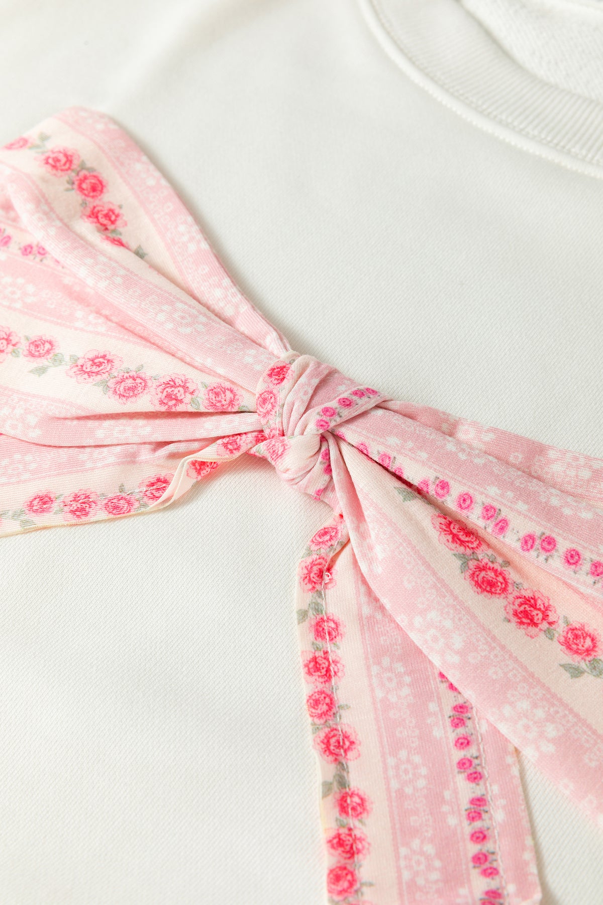 Pink Floral Bow Decoration Drop Shoulder Long Sleeve Top
