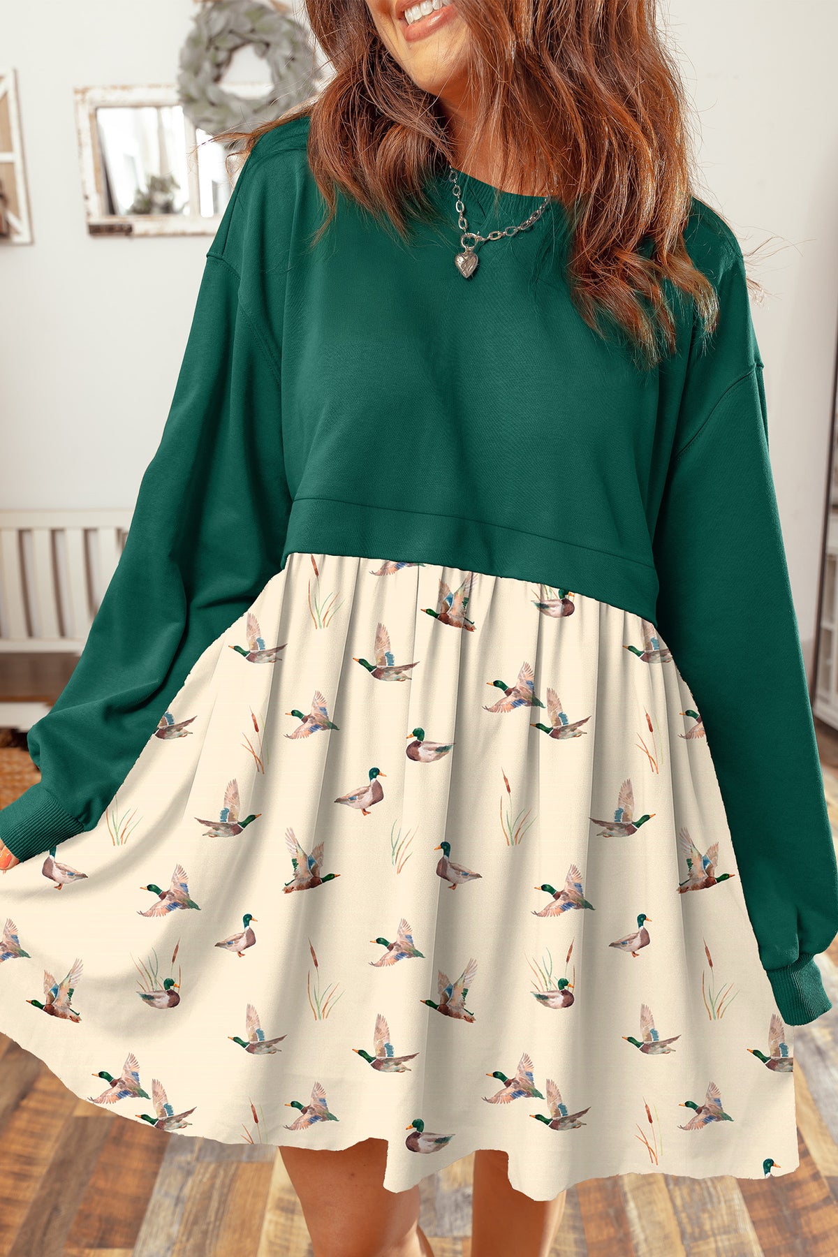 Orange Solid Long Sleeve Top Patchwork Floral Flared 2-in-1 Mini Dress