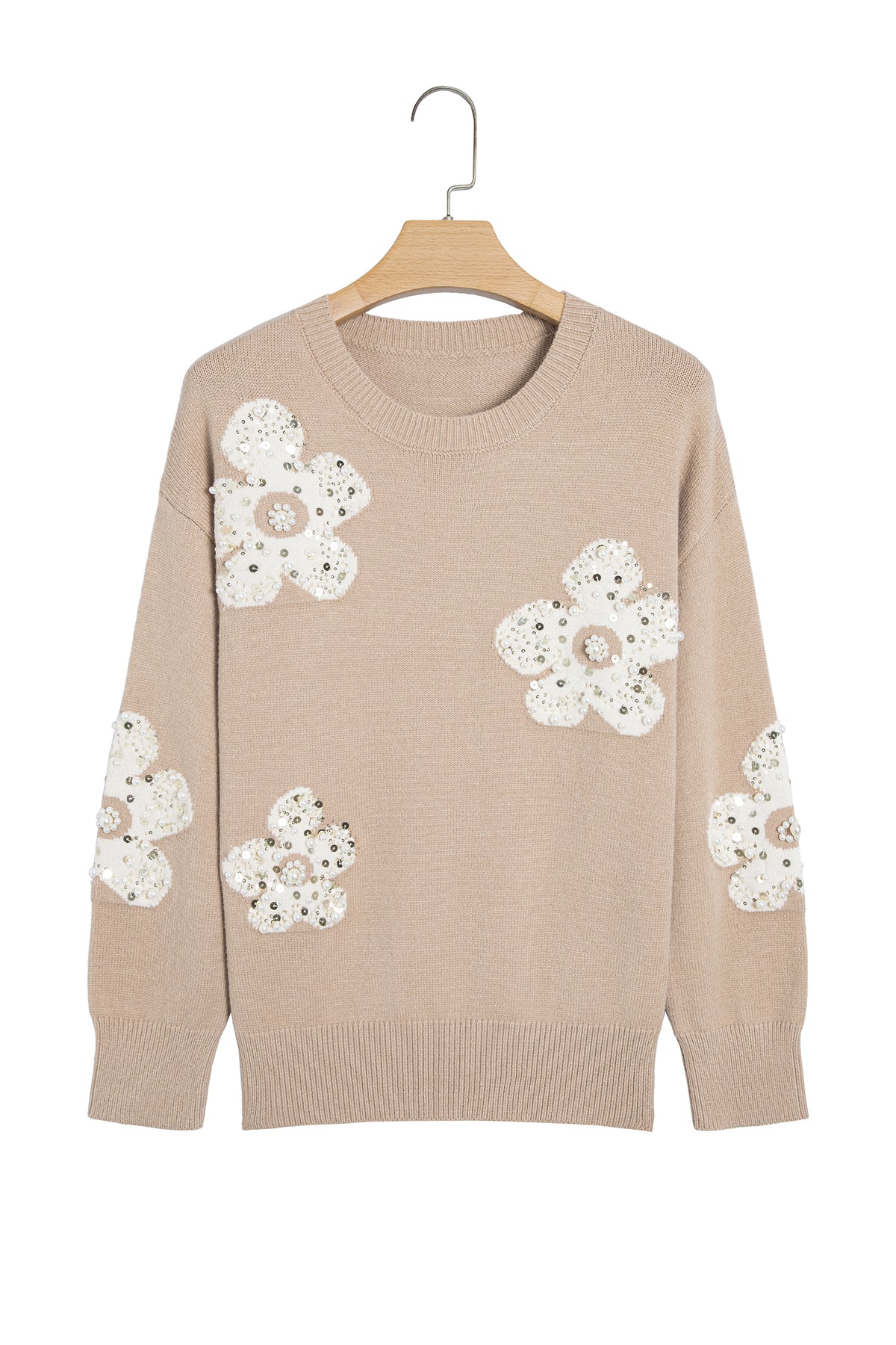 Smoke Gray Beaded Floral Patchwork Ribbed Trim Round Neck Sweater