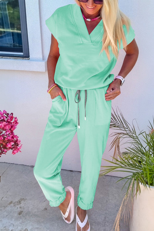 Mint Green Solid Color V Neck Tee Drawstring Pant Set