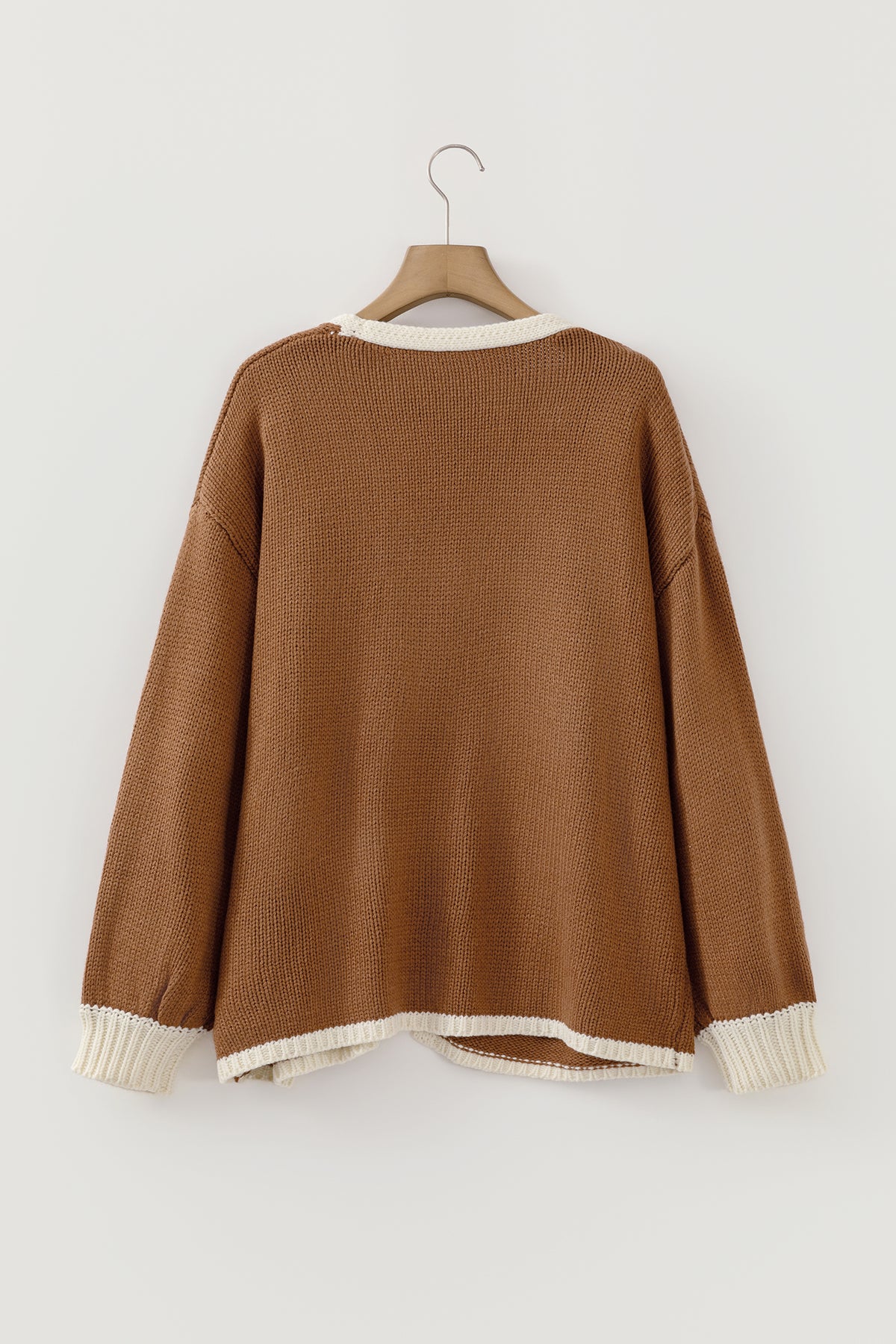 Chestnut Contrast Trim V-Neck Tie Front Loose Sweater Cardigan