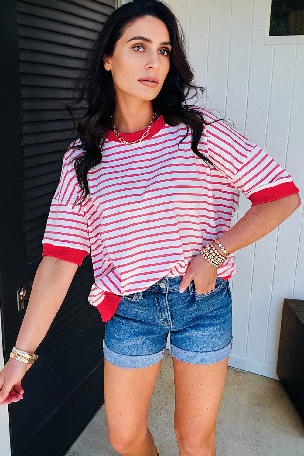 Red Stripe Drop Shoulder Half Sleeve T Shirt