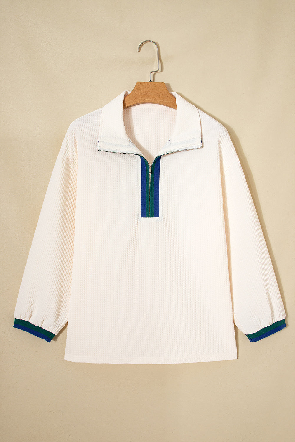 White Waffle Textured Contrast Polo Neck Zip up Jumper