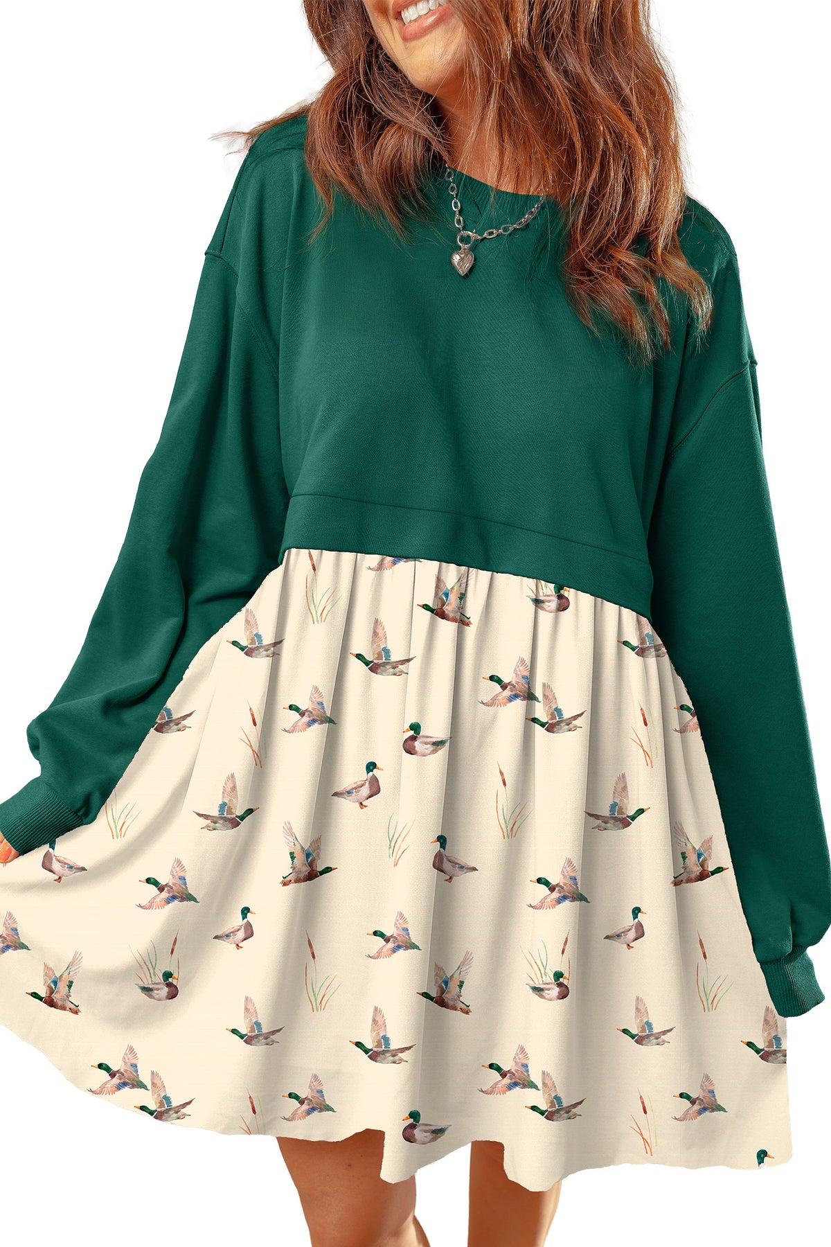 Orange Solid Long Sleeve Top Patchwork Floral Flared 2-in-1 Mini Dress