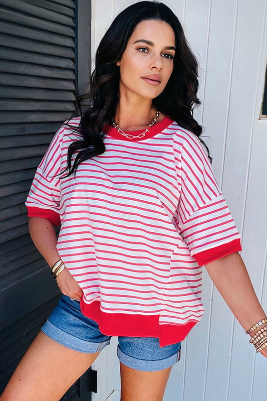 Red Stripe Drop Shoulder Half Sleeve T Shirt