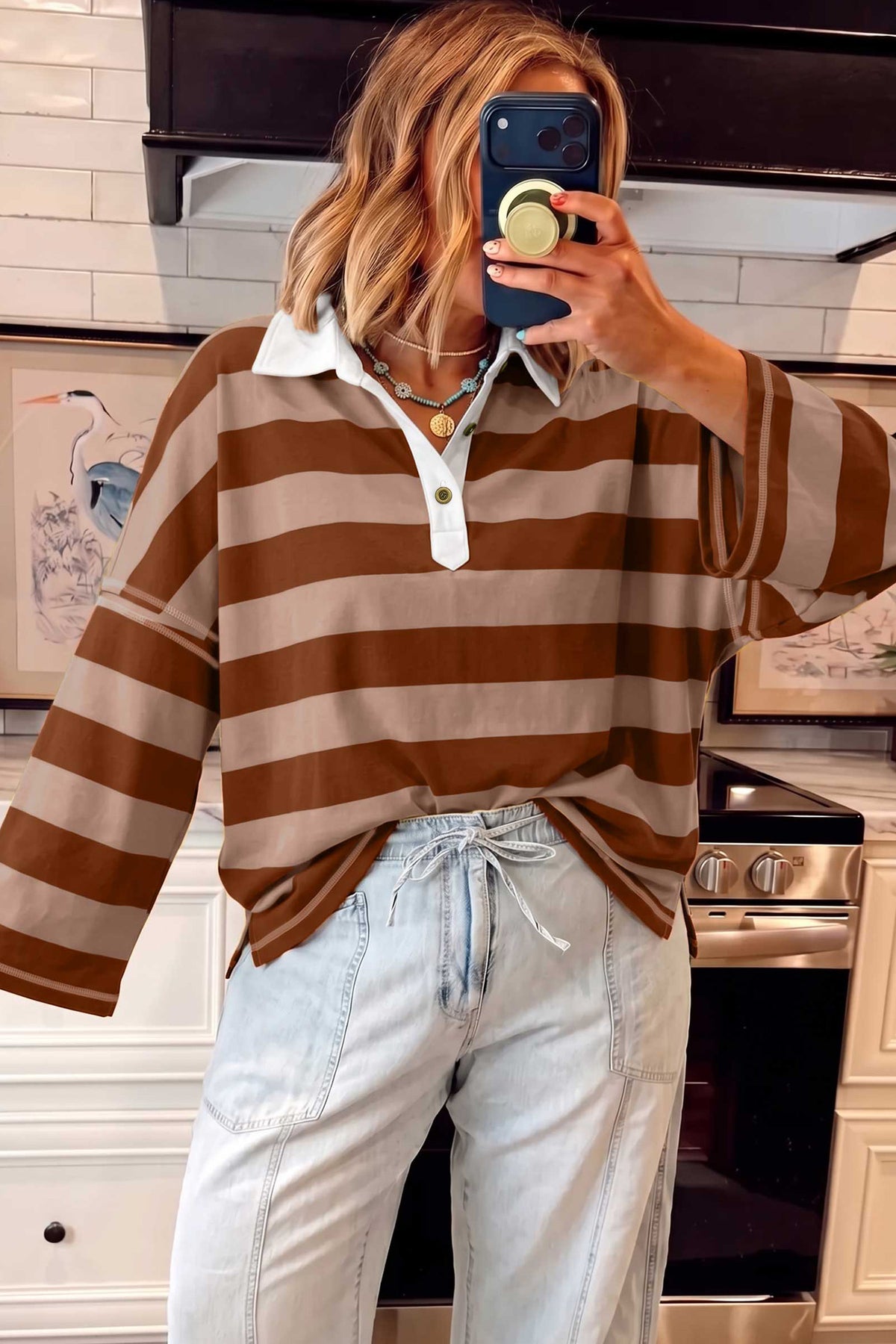 Blue Stripe Contrast Polo Collar Bracelet Sleeve Loose Top