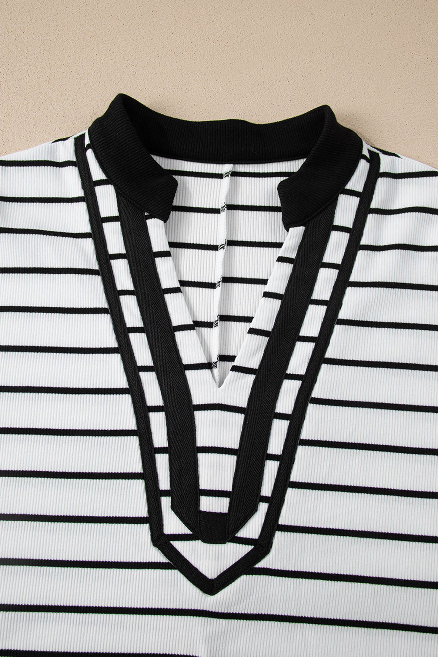 White Stripe Stand Collar V Neck Elastic Cuffs Half Sleeve Dolman Top